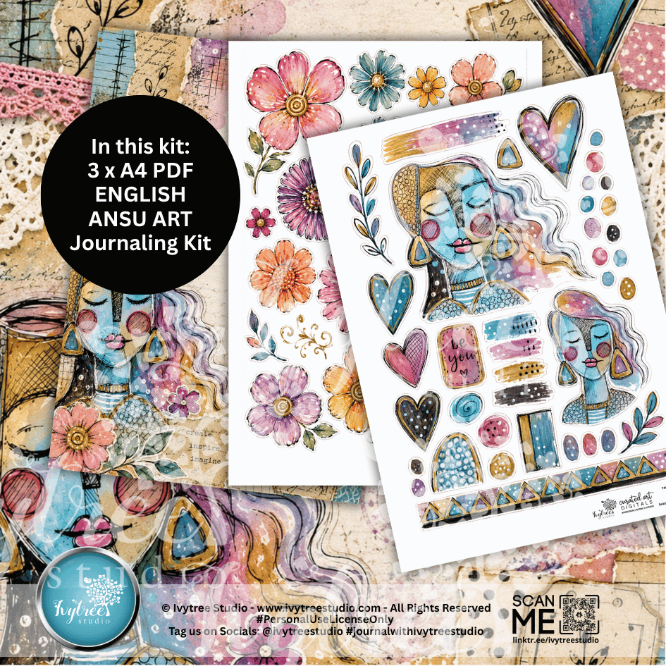 Art journaling kit with colorful illustrations and text on a textured background
