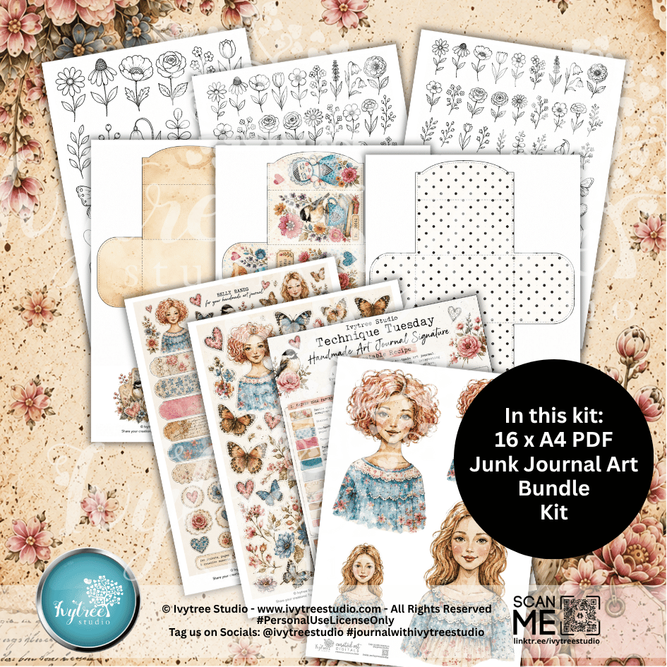 Junk Journal Art Bundle Kit with various designs on a floral background