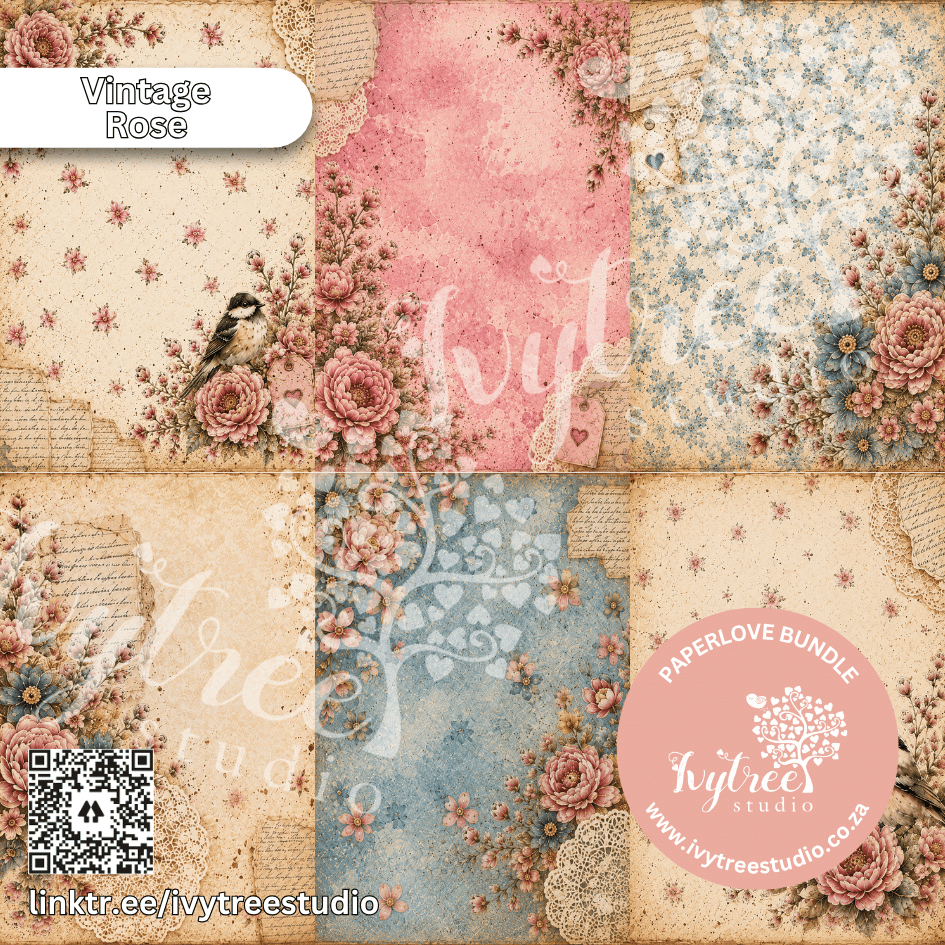 Vintage-style paper bundle with floral and script designs, featuring the Ivytree Studio logo.