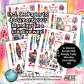 A collage-style product graphic for a 'Meaningful Monday' journaling kit, showing several printed page designs fanned out over a colorful floral and pastel background. Large text reads 'Incl.