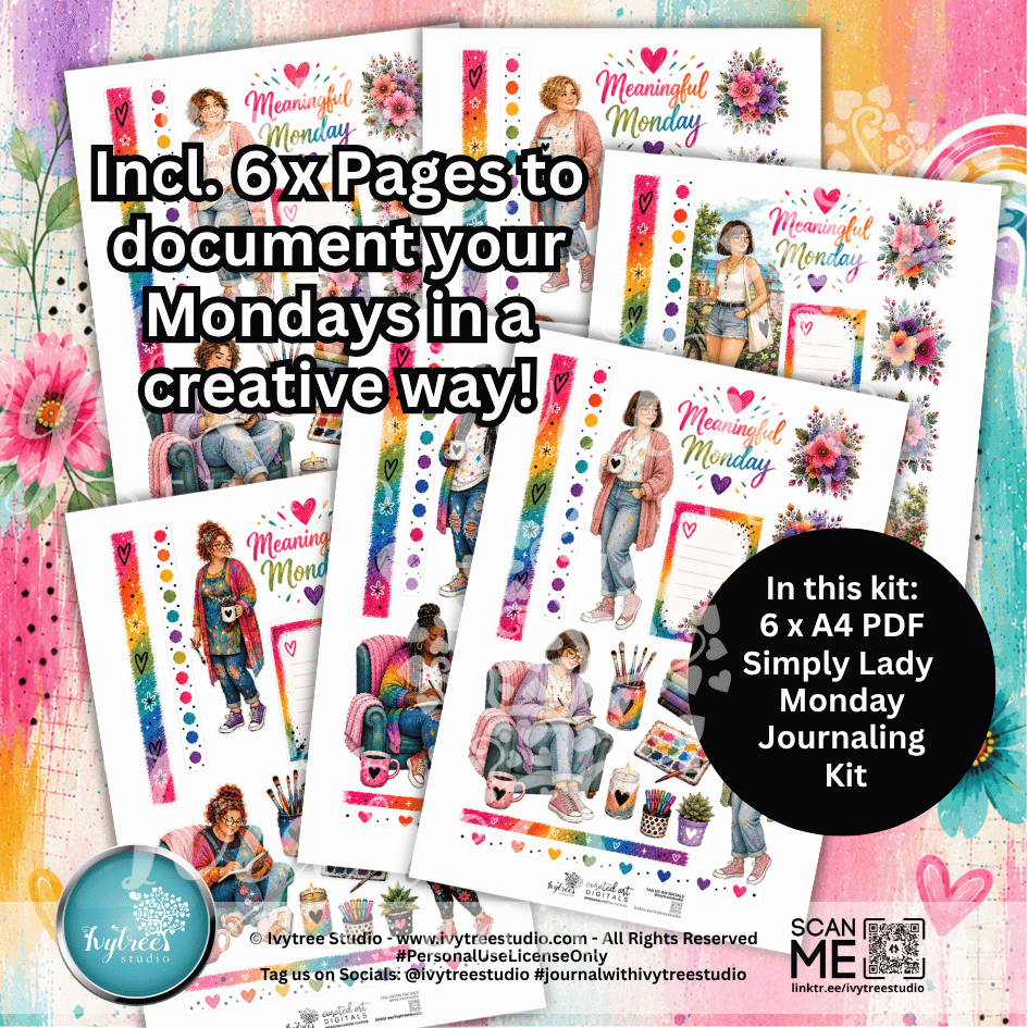 A collage-style product graphic for a 'Meaningful Monday' journaling kit, showing several printed page designs fanned out over a colorful floral and pastel background. Large text reads 'Incl.