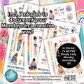 A promotional collage for a journaling kit showing several printed pages with floral and pastel designs, large text reading 'Incl. 7 Pages to document your Mondays in a creative way!', and a black circle that says 'In this kit: 7 x A4 PDF Simply Lady Monday Journaling Kit'.