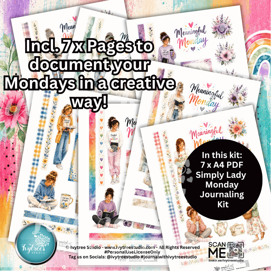 A promotional collage for a journaling kit showing several printed pages with floral and pastel designs, large text reading 'Incl. 7 Pages to document your Mondays in a creative way!', and a black circle that says 'In this kit: 7 x A4 PDF Simply Lady Monday Journaling Kit'.