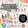 A collage of journaling kit pages and covers for a Simply Lady Monday Journaling Kit, featuring watercolor illustrations of women, floral designs, and text overlays describing included pages and a black circular badge.