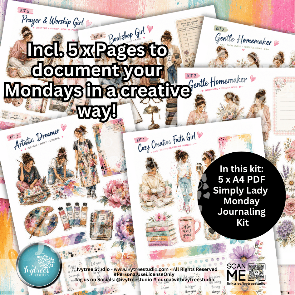 A collage of journaling kit pages and covers for a Simply Lady Monday Journaling Kit, featuring watercolor illustrations of women, floral designs, and text overlays describing included pages and a black circular badge.