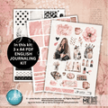 English journaling kit with various design elements on a textured background