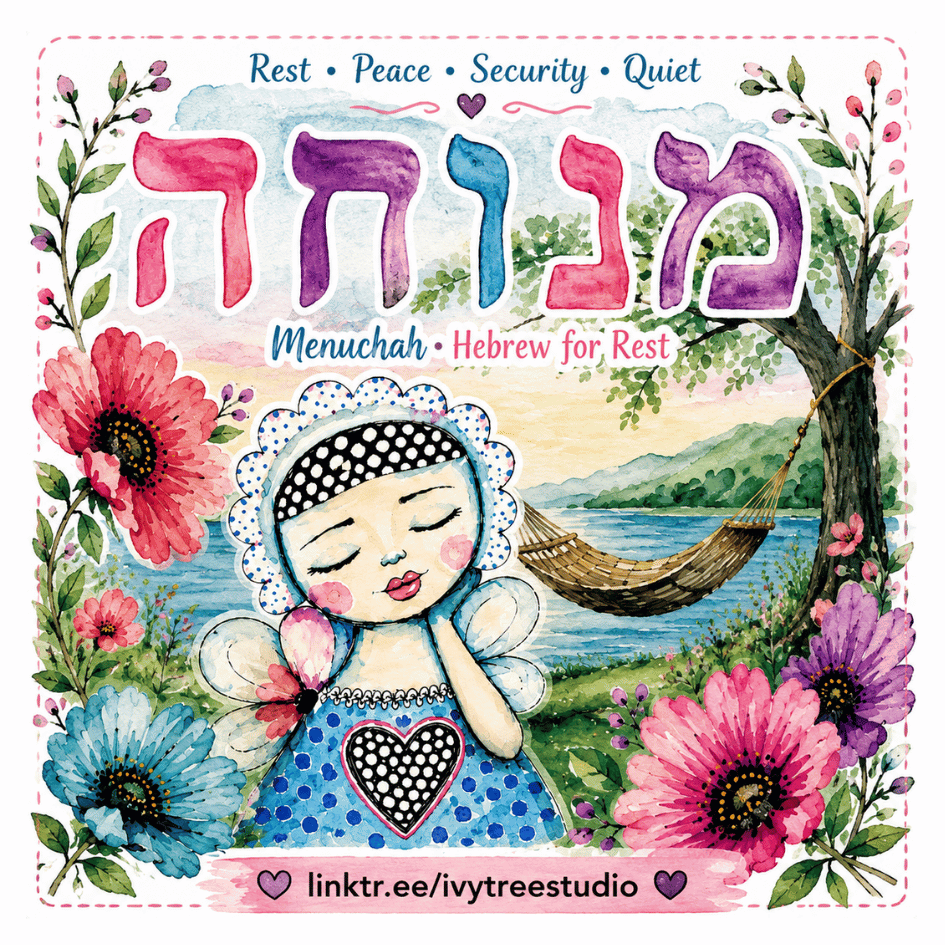 Children's book cover with a fairy, flowers, and a hammock, featuring Hebrew text for 'rest'.