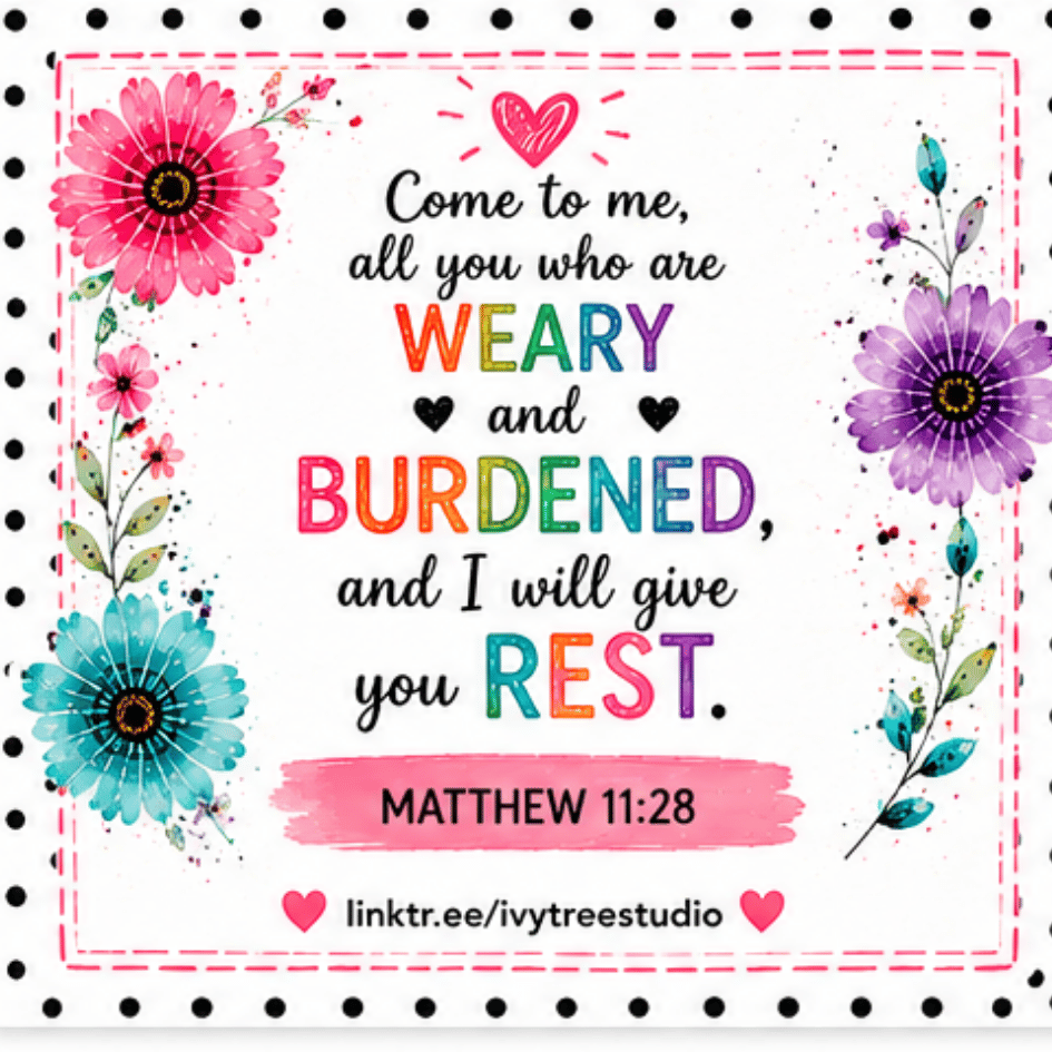 Colorful motivational poster with flowers and Bible verse text on a white background