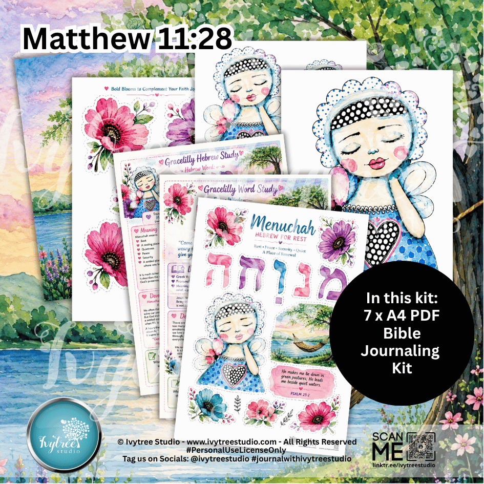 Bible journaling kit with illustrations and text, featuring a scenic background.