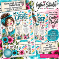 Promotional graphic for a printable ephemera kit titled 'Slow and Creative Saturday' by Ivytree Studio, showing two decorated sheet designs with flowers, hearts, illustrated women, and text boxes in English and Afrikaans.