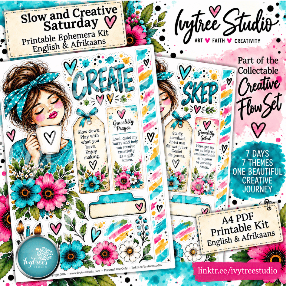 Promotional graphic for a printable ephemera kit titled 'Slow and Creative Saturday' by Ivytree Studio, showing two decorated sheet designs with flowers, hearts, illustrated women, and text boxes in English and Afrikaans.