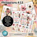 Bible journaling kit preview featuring floral and illustrated sheets with the text 'Philippians 4:13' and journaling prompts, shown as a collage with a black circle reading 'In this kit: 4 x A4 PDF ENGLISH + AFRIKAAS Bible Journaling Kit.'.