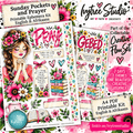 Printable Ephemeris Kit digital download by Ivytree Studio, featuring two illustrated pages for Sunday and Gbed (Friday) with floral designs, prayer and gbed text, hearts, books, a mug, and decorative elements. Promotional text indicates it is part of a collectable creative flow set and includes 7 days, 7 themes, one beautiful creative journey.