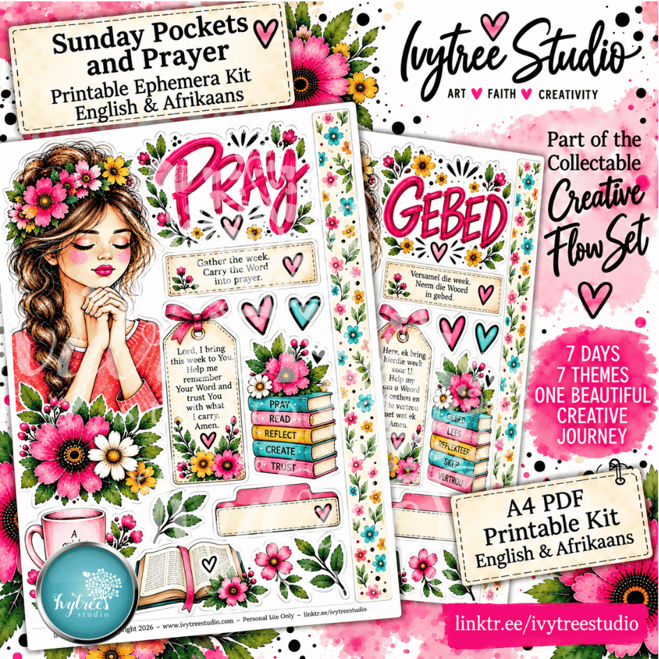 Printable Ephemeris Kit digital download by Ivytree Studio, featuring two illustrated pages for Sunday and Gbed (Friday) with floral designs, prayer and gbed text, hearts, books, a mug, and decorative elements. Promotional text indicates it is part of a collectable creative flow set and includes 7 days, 7 themes, one beautiful creative journey.