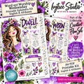 Printable Ephemera Kit for Word and Worship Wednesday, featuring English and Afrikaans themed planner pages with purple floral designs, watercolor illustrations, and decorative text elements. The image showcases the digital design layout with branding for 'Ivtree Studio'.