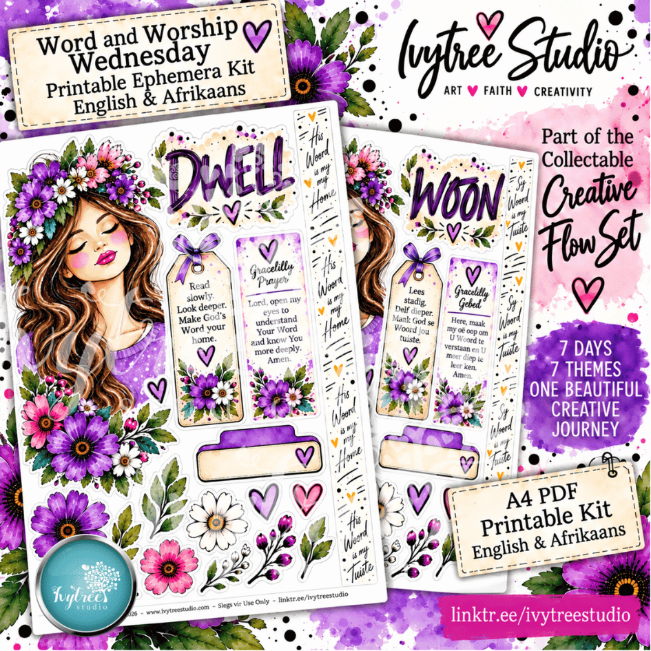 Printable Ephemera Kit for Word and Worship Wednesday, featuring English and Afrikaans themed planner pages with purple floral designs, watercolor illustrations, and decorative text elements. The image showcases the digital design layout with branding for 'Ivtree Studio'.