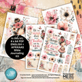 Bible journaling kit with floral designs and motivational quotes on a textured surface.