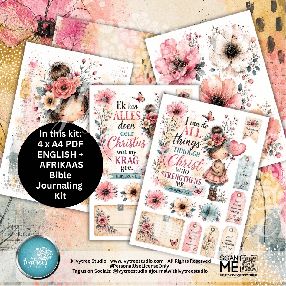 Bible journaling kit with floral designs and motivational quotes on a textured surface.