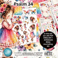 Bible journaling kit with illustrations of a girl and butterflies, featuring Psalm 34 text.
