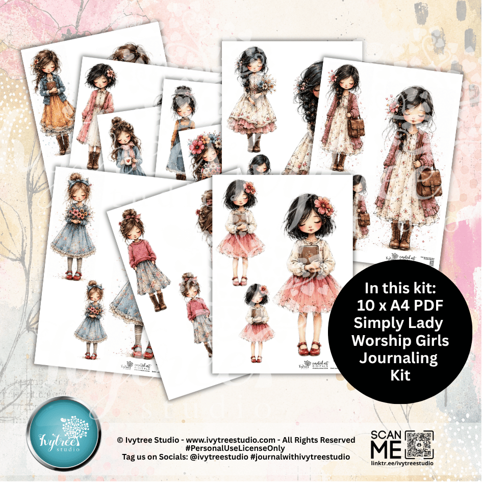 Worship girls journaling kit with illustrations on a textured background
