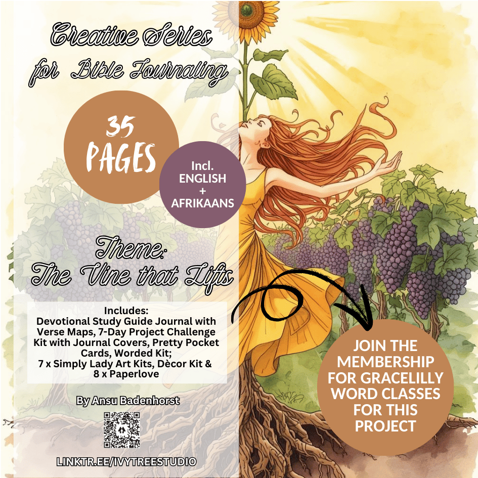 Promotional flyer for a Bible journaling kit with a woman and vine design.