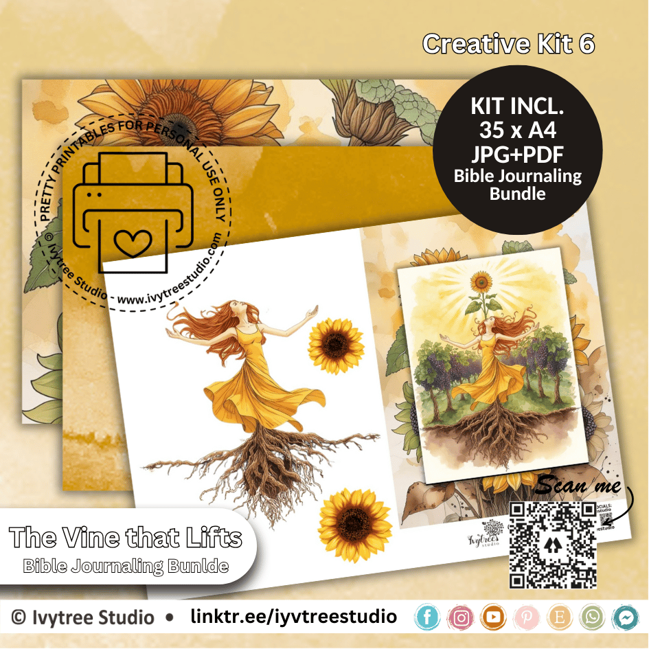 Bible Journaling Bundle with sunflower design and woman illustration on a beige background