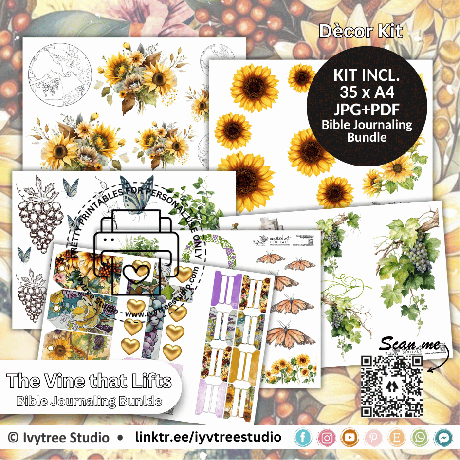 Decor Kit with sunflower designs and Bible journaling elements on a colorful background.