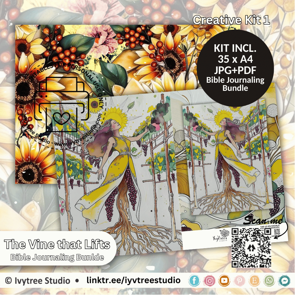Bible Journaling Bundle with artistic designs and floral elements, featuring Ivytree Studio branding.