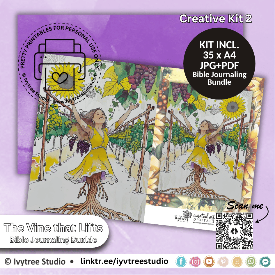 Bible Journaling Bundle with illustrations of a woman in a yellow dress and sunflowers on a purple background.