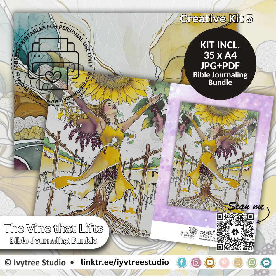 Bible Journaling Bundle with artistic design of a woman in a yellow dress with sunflowers and grapes, featuring Ivytree Studio branding.