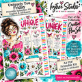 Promotional graphic for a printable ephemera kit by Ivytree Studio, showing two decorated planner sticker sheets with flowers, hearts, text labels, and illustrated glasses. Text highlights 'Uniquely You Friday,' 'Printable Ephemera Kit English & Afrikaans,' '7 DAYS 7 THEMES ONE BEAUTIFUL CREATIVE JOURNEY,' and 'A4 PDF Printable Kit English & Afrikaans.