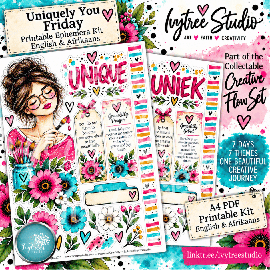 Promotional graphic for a printable ephemera kit by Ivytree Studio, showing two decorated planner sticker sheets with flowers, hearts, text labels, and illustrated glasses. Text highlights 'Uniquely You Friday,' 'Printable Ephemera Kit English & Afrikaans,' '7 DAYS 7 THEMES ONE BEAUTIFUL CREATIVE JOURNEY,' and 'A4 PDF Printable Kit English & Afrikaans.