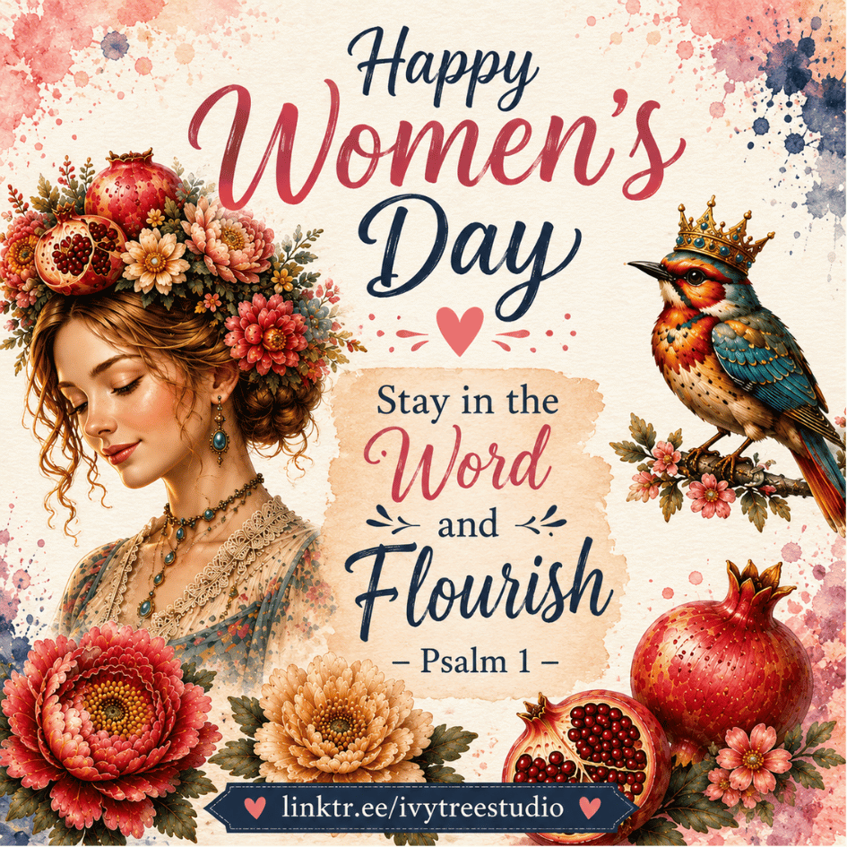 A decorative Women's Day graphic with the text 'Happy Women's Day Stay in the Word and Flourish - Psalm 1' over a watercolor-style illustration featuring a woman in floral headwear, a crowned bird, pomegranates, and pink floral accents on a cream background.