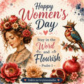 A decorative Women's Day graphic with the text 'Happy Women's Day Stay in the Word and Flourish - Psalm 1' over a watercolor-style illustration featuring a woman in floral headwear, a crowned bird, pomegranates, and pink floral accents on a cream background.