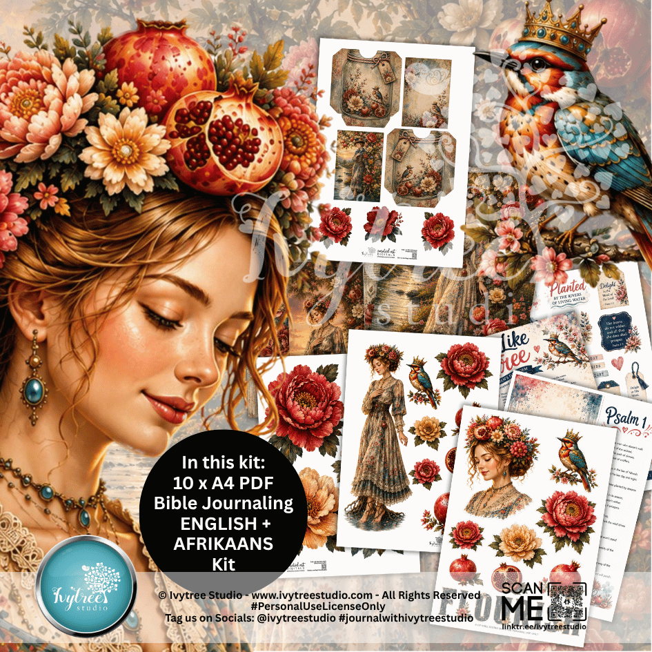 A collage-style promotional graphic for a Bible journaling kit featuring vintage illustrations, floral crowns, pomegranates, a crowned owl, and printed sheet previews. Text reads 'In this kit: 10 x A4 PDF Bible Journaling ENGLISH + AFRIKAANS' with a circular logo for 'Klytia Creative' and website details at the bottom.