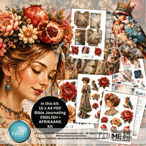 A collage-style promotional graphic for a Bible journaling kit featuring vintage illustrations, floral crowns, pomegranates, a crowned owl, and printed sheet previews. Text reads 'In this kit: 10 x A4 PDF Bible Journaling ENGLISH + AFRIKAANS' with a circular logo for 'Klytia Creative' and website details at the bottom.