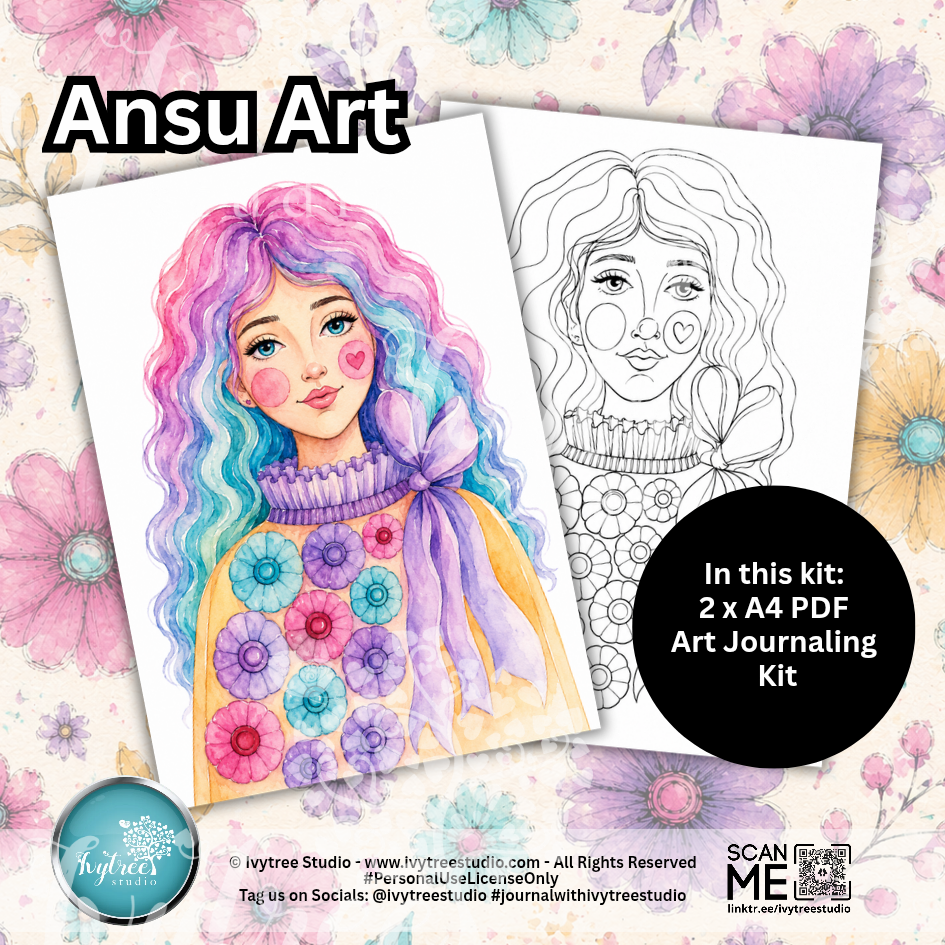 Ansu Art coloring journaling kit cover featuring a colorful watercolor illustration of a girl with pink and blue hair, alongside the black-and-white line art version. The background is a floral pattern, with text indicating a 2 x A4 PDF art journaling kit.