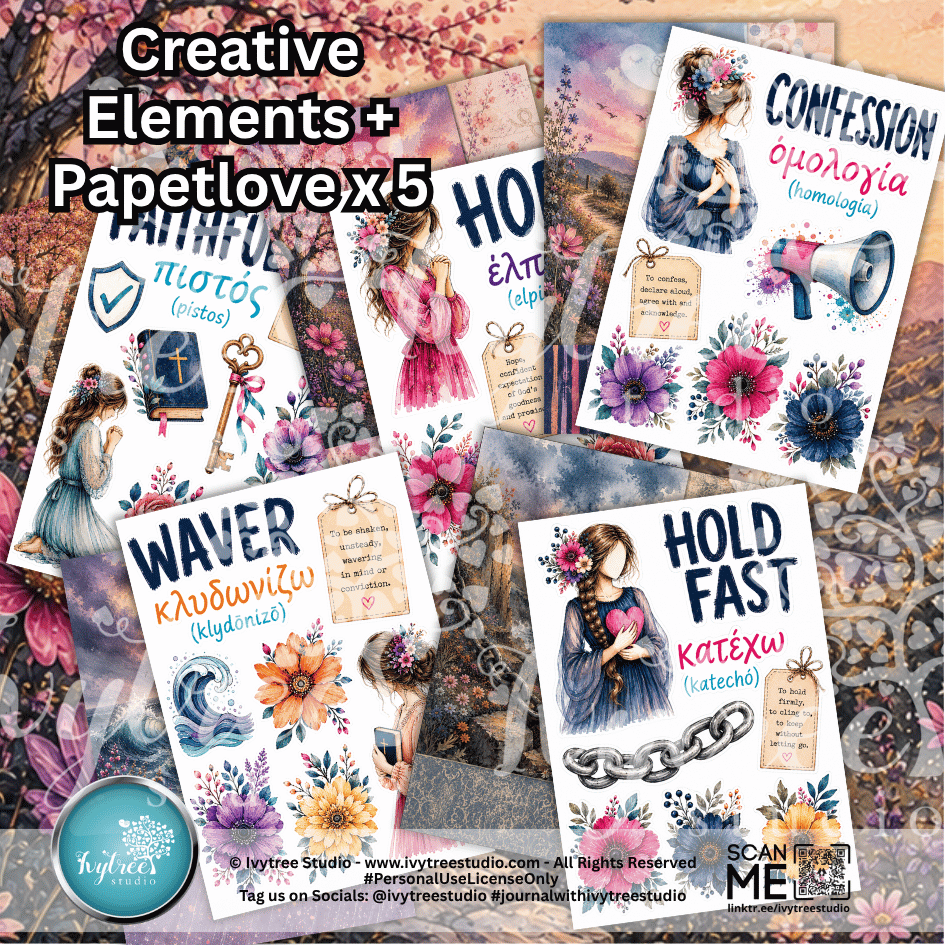 A collage-style promotional graphic showing several printed cards or art prints with decorative text and watercolor illustrations, overlaid on a floral patterned background. Large text at the top reads 'Creative Elements + Papetlovex5', and the prints include phrases such as 'Confession', 'Waver', and 'Hold Fast' with illustrated women, flowers, and decorative objects.