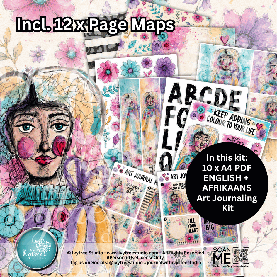 Promotional collage for an art journaling kit showing multiple illustrated pages, floral artwork, text cards, and a black circle reading 'In this kit: 10 x A4 PDF ENGLISH + AFRIKAANS Art Journaling Kit'. The top text says 'Incl.