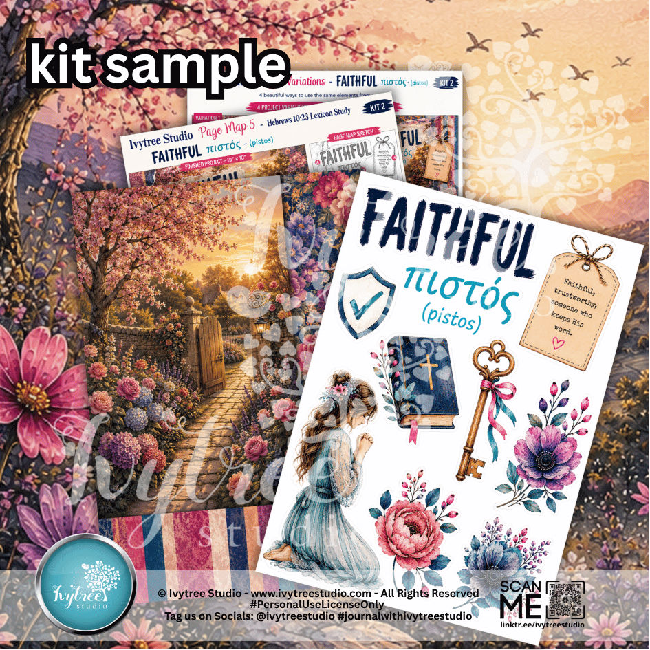 A collage-style product preview for a 'kit sample' featuring multiple printed sheets and cards with floral artwork, a vintage key, a book, and decorative text such as 'FAITHFUL' and 'TilTós (pistós)'. The design includes pink flowers, a garden path, birds, and ornate borders, with visible branding for Nytree Studio and Lyiree Studio.