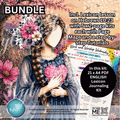 Promotional graphic for a digital journaling kit bundle by Hytree Studio, featuring an illustrated woman with long braided hair and a pink heart, surrounded by flowers and text describing included lesson and PDF kits.