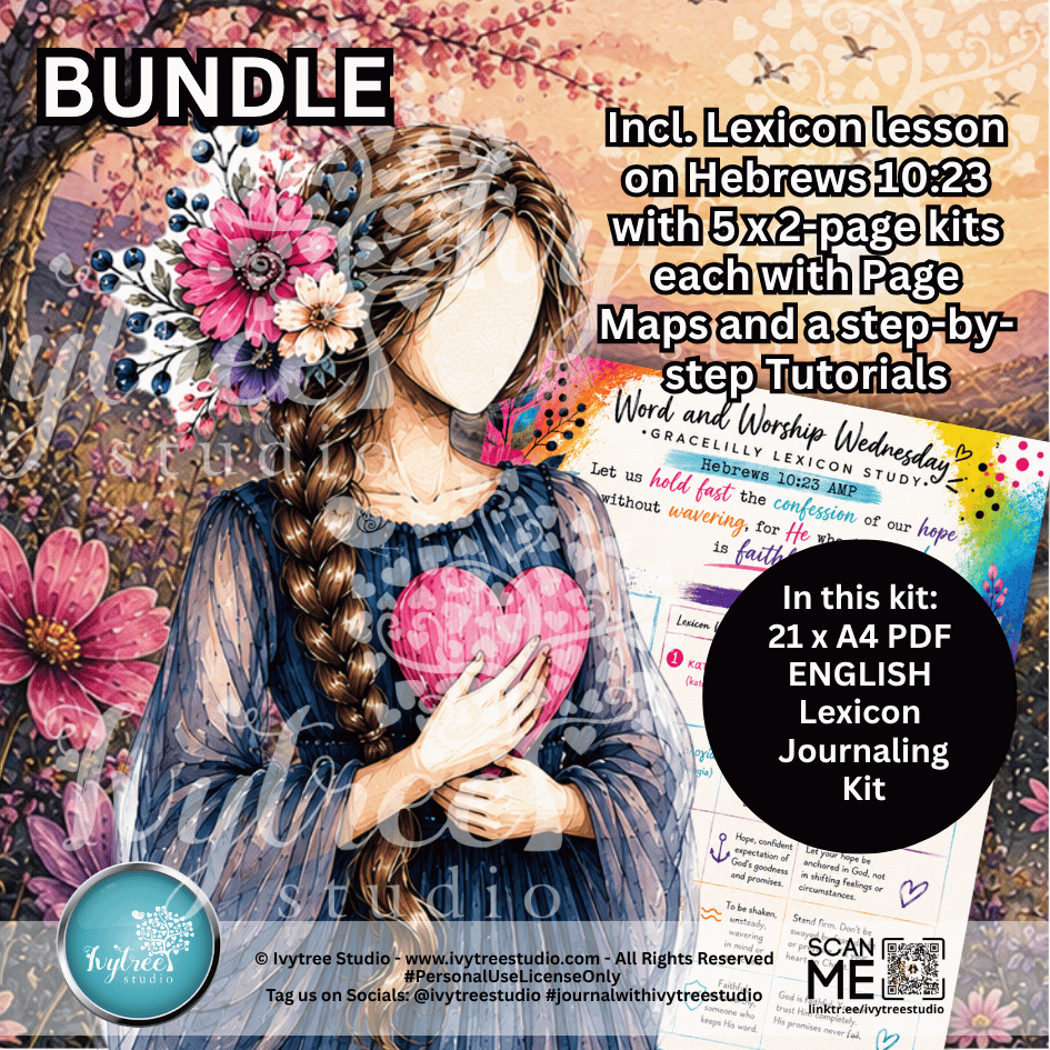 Promotional graphic for a digital journaling kit bundle by Hytree Studio, featuring an illustrated woman with long braided hair and a pink heart, surrounded by flowers and text describing included lesson and PDF kits.