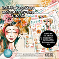 Promotional graphic for an art journaling kit showing multiple illustrated page maps and planner-style sheets with flowers, butterflies, and text such as 'Praying with grateful joy' and 'Bid met akbare.' Large text states it includes 5x page maps and a step-by-step tutorial, with a black circle noting 5 x A4 PDFs in English and Afrikaans.