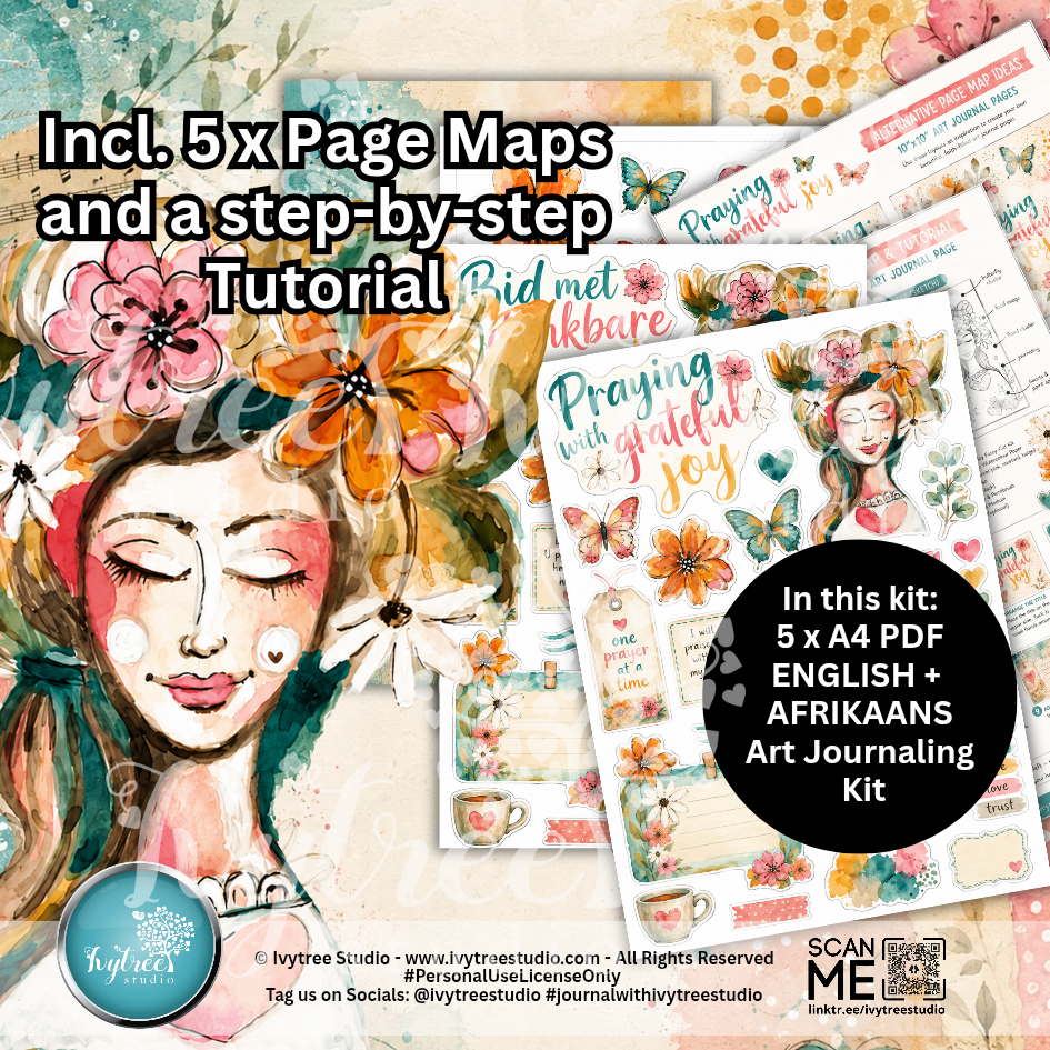 Promotional graphic for an art journaling kit showing multiple illustrated page maps and planner-style sheets with flowers, butterflies, and text such as 'Praying with grateful joy' and 'Bid met akbare.' Large text states it includes 5x page maps and a step-by-step tutorial, with a black circle noting 5 x A4 PDFs in English and Afrikaans.